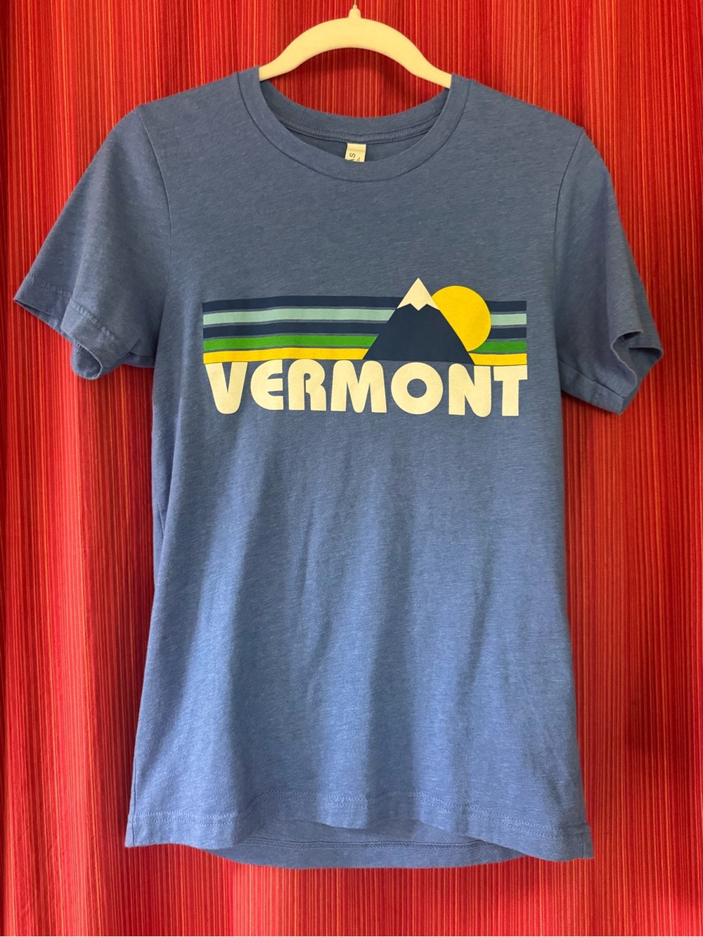 Vermont Bella Canvas Blue Graphic Tee with Yellow Sun and Mtn - Woman’s Small